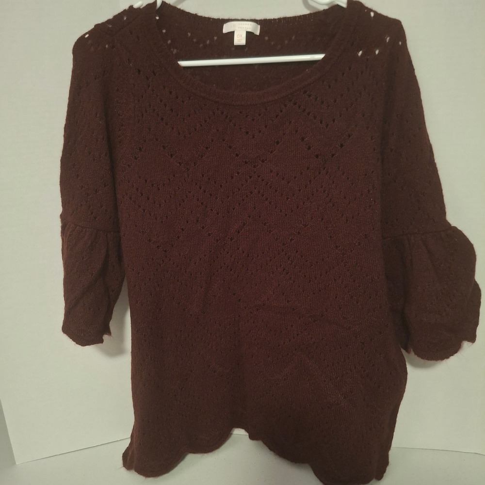 3/$15 LC Lauren Conrad Size‎ 0X Burgundy Bell Sleeves Scallop Open Knit Sweater